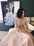 Simple A Line Long Sleeves Champagne Tulle Prom Dresses Evening Dress HZ1022