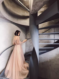 Simple A Line Long Sleeves Champagne Tulle Prom Dresses Evening Dress HZ1022