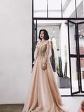 Simple A Line Long Sleeves Champagne Tulle Prom Dresses Evening Dress HZ1022