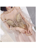 Simple A Line Long Sleeves Champagne Tulle Prom Dresses Evening Dress HZ1022