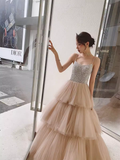 Simple Ball Gown Champagne Tulle Prom Dresses Evening Dress HZ1022