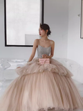 Simple Ball Gown Champagne Tulle Prom Dresses Evening Dress HZ1022