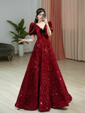 Sexy A line Burgundy Sequin Prom Dresses Evening Dress HZ1022