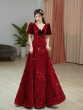 Sexy A line Burgundy Sequin Prom Dresses Evening Dress HZ1022