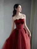 A line Burgundy Strapless Prom Dresses Evening Dress HZ1022