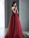 A line Burgundy Strapless Prom Dresses Evening Dress HZ1022