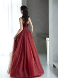 A line Burgundy Strapless Prom Dresses Evening Dress HZ1022