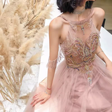 Simple A Line Pink Tulle Prom Dresses Evening Dress HZ1022
