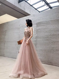 Simple A Line Pink Tulle Prom Dresses Evening Dress HZ1022