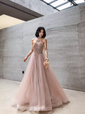 Simple A Line Pink Tulle Prom Dresses Evening Dress HZ1022
