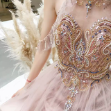 Simple A Line Pink Tulle Prom Dresses Evening Dress HZ1022