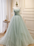 Off the Shoulder Green Tulle Long Prom Dresses HZ1022