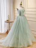 Off the Shoulder Green Tulle Long Prom Dresses HZ1022