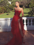 Red Ruffle Strapless Formal Prom Dress with Leg Slit HZ1022