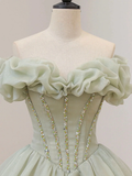 Off the Shoulder Green Tulle Beaded Prom Dresses HZ1022