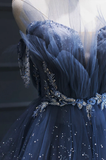 A line Royal Blue Tulle Beaded Long Senior Prom Dress HZ1022