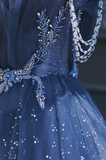 A line Royal Blue Tulle Beaded Long Senior Prom Dress HZ1022