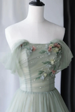 Cute Gray Green Tulle Long Prom Dress HZ1022