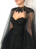 Vintage A line Beaded Strapless Tulle Long Prom Dress Black Formal Dress HZ1022
