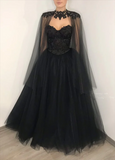 Vintage A line Beaded Strapless Tulle Long Prom Dress Black Formal Dress HZ1022
