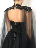 Vintage A line Beaded Strapless Tulle Long Prom Dress Black Formal Dress HZ1022