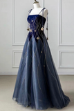 Elegant Navy Blue Spaghetti Strap Long Prom Dress with Star HZ1022