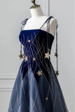 Elegant Navy Blue Spaghetti Strap Long Prom Dress with Star HZ1022