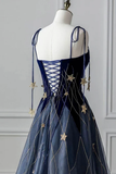 Elegant Navy Blue Spaghetti Strap Long Prom Dress with Star HZ1022