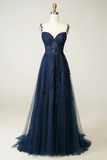 Beautiful A line Spaghetti Straps Navy Blue Lace Prom Dresses Formal Dress HZ1022