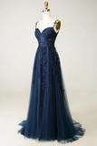 Beautiful A line Spaghetti Straps Navy Blue Lace Prom Dresses Formal Dress HZ1022