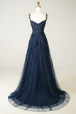 Beautiful A line Spaghetti Straps Navy Blue Lace Prom Dresses Formal Dress HZ1022