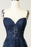 Beautiful A line Spaghetti Straps Navy Blue Lace Prom Dresses Formal Dress HZ1022