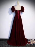 Cute Short Sleeves Burgundy Long Prom Dresses HZ1022