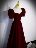 Cute Short Sleeves Burgundy Long Prom Dresses HZ1022