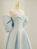 Simple A line Off the Shoulder Blue Satin Long Prom Dresses HZ1022