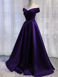Simple A line Off the Shoulder Purple Satin Long Prom Dresses HZ1022