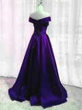 Simple A line Off the Shoulder Purple Satin Long Prom Dresses HZ1022