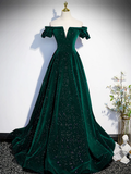 Simple A line Off the Shoulder Shiny Green Black Long Prom Dresses HZ1022