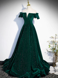 Simple A line Off the Shoulder Shiny Green Black Long Prom Dresses HZ1022