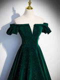 Simple A line Off the Shoulder Shiny Green Black Long Prom Dresses HZ1022