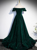 Simple A line Off the Shoulder Shiny Green Black Long Prom Dresses HZ1022