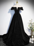 Simple A line Off the Shoulder Shiny Green Black Long Prom Dresses HZ1022