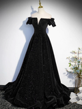 Simple A line Off the Shoulder Shiny Green Black Long Prom Dresses HZ1022