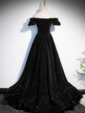 Simple A line Off the Shoulder Shiny Green Black Long Prom Dresses HZ1022