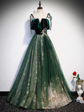 Green Straps Velvet Long Lace Prom Dresses HZ1022
