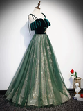 Green Straps Velvet Long Lace Prom Dresses HZ1022