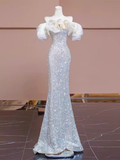 Pretty Mermaid Off The Shoulder Sequin Long Evening Party Dress Prom Dresses HZ1022