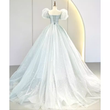 Pretty Ball Gown Square Neckline Short Sleeves Long Evening Party Dress Prom Dresses HZ1022