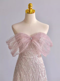 Pretty A line Off The Shoulder Pink Sequin Long Evening Party Dress Prom Dresses With Beads HZ1022