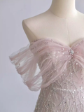 Pretty A line Off The Shoulder Pink Sequin Long Evening Party Dress Prom Dresses With Beads HZ1022